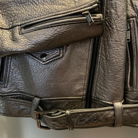 Michael Kors Metallic Silver Leather Jacket | Womens M, Moto Style EUC MSRP $595 - Picture 12 of 12